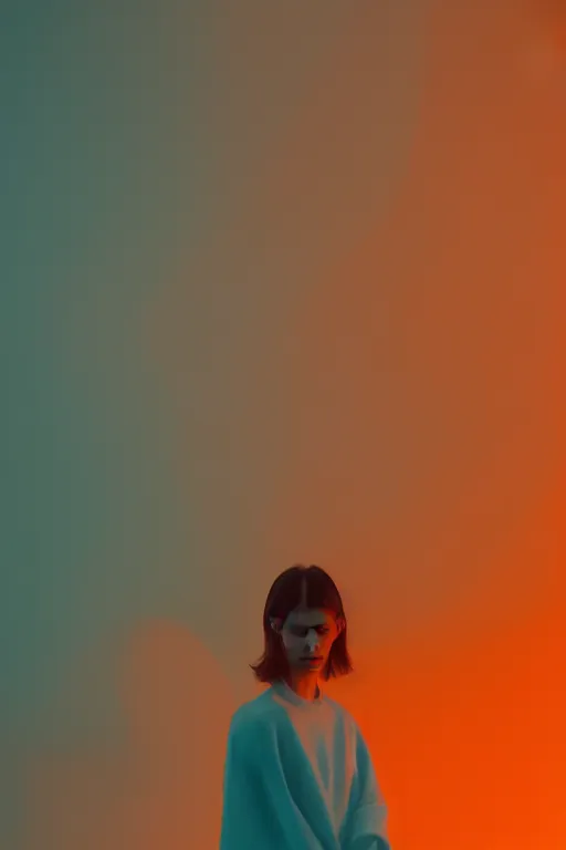 Image similar to soft light, surrealism, a model wearing acne outfit, octane render, caustic, cozy, cyan and orange, cinematic, anamorphic bokeh, long exposure photograph, luxury materials, atmospheric fog, macro photography