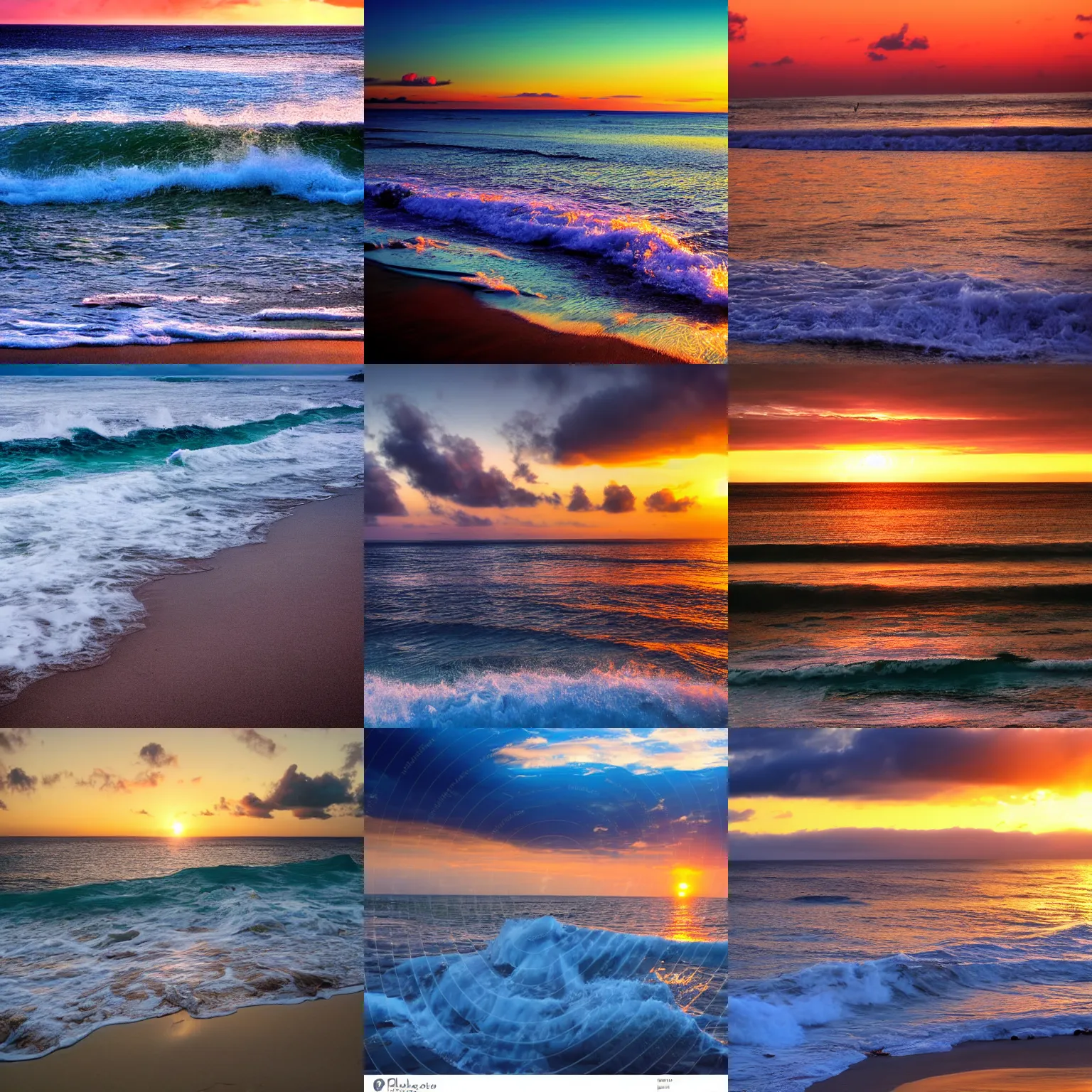 Prompt: beach, ocean, islands, sunset, clouds, foamy waves, horizon