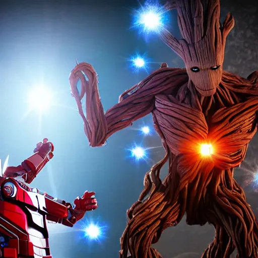 Image similar to groot and optimus prime in techno party among people dancing, wide shoot, after effect ultra realistic 3 d