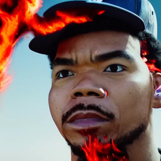 Image similar to cinematic film still of Chance The Rapper starring as a Samurai holding fire, close up, Japanese CGI, VFX, 2022, 40mm lens, shallow depth of field, film photography