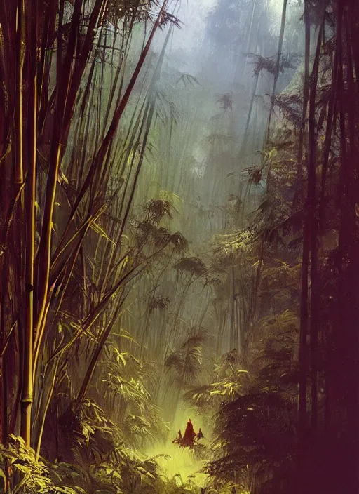 Image similar to bamboo forest, intricate, elegant, highly detailed, vivid colors, john harris, frazetta, sparth, ruan jia, jeffrey catherine jones