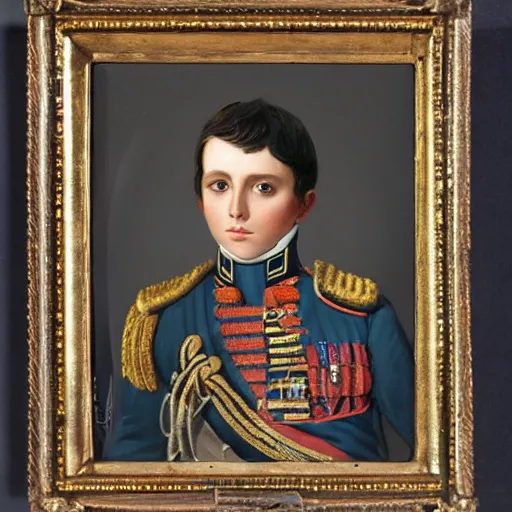 Prompt: portrait of handsome dark haired teenager in napoleon army uniform in Russian empire by Orest Kiprensky,