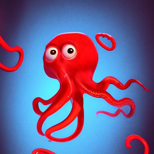 Image similar to portrait of red octopus, sly, cunning, blue background, pixar style animation 3d extremely gloomy lighting, atmospheric, cinematic, detailed illustration unreal Engine, 8K