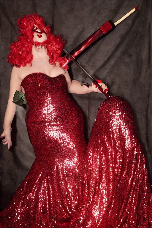 Prompt: Lord Licorice in a red and black sequins gown holding a peppermint sword