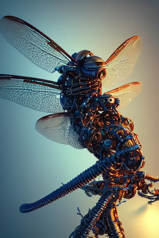 Prompt: a macro photograph of a bio - mech dragonfly made from cables and bio - organic micro organisms and metal parts and led, beautifully lit, by tomasz alen kopera and peter mohrbacher and craig mullins, 3 d, trending on artstation, octane render, 8 k