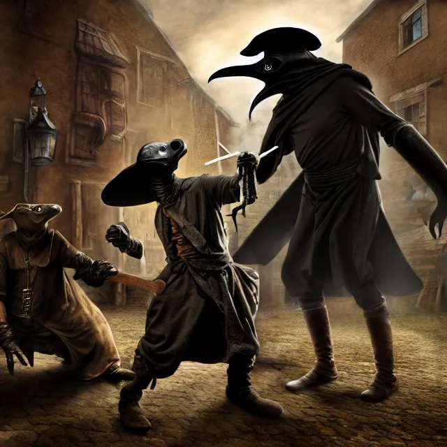 Image similar to plague doctor warrior confronting a giant plague rat, highly detailed, 8 k, hdr, smooth, sharp focus, high resolution, award - winning photo