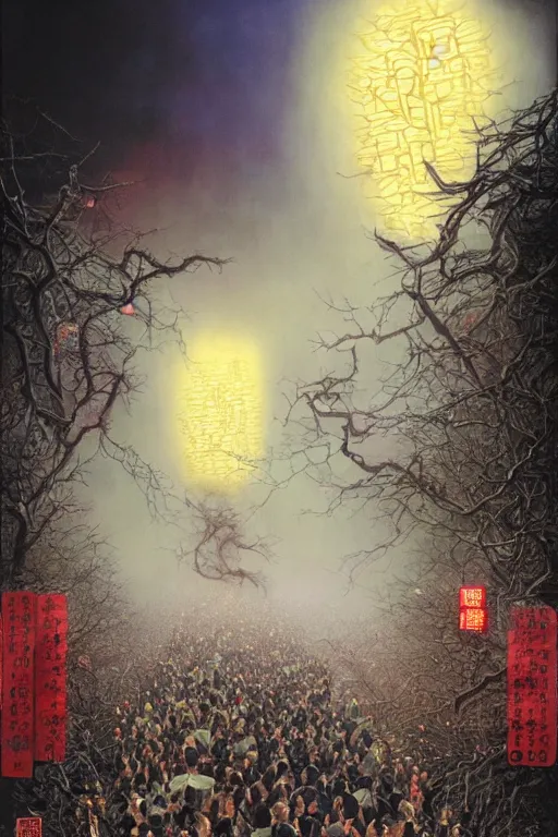 Image similar to 中 国 鬼 节, long procession of the dead is queuing up on the naihe bridge. psychedelic lights and fog, zdzislaw, ayami kojima, yamamoto, barclay shaw, karol bak, hyperrealist, 8 k