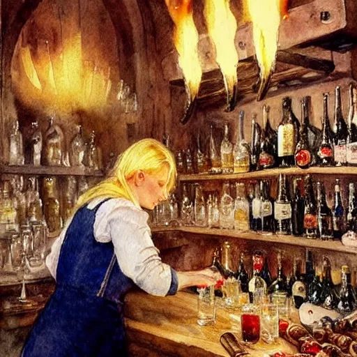 Image similar to hot blonde working in a wine cellar, food, pork, beer, schnapps, rustic, traditional, torches on the wall, watercolor by vladimir volegov and carl larsson