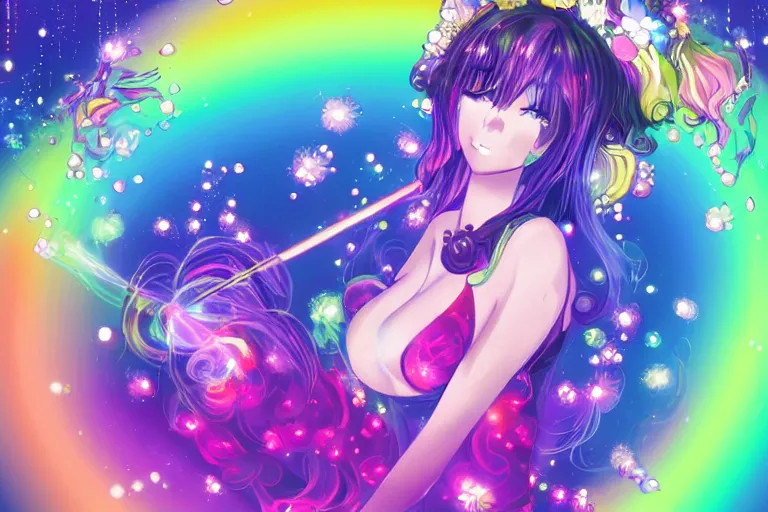 Image similar to psychedelic, full body, whimsical, anime, 4k, beautiful lusty woman blowing smoke, with professional makeup, long trippy hair, a crystal and flower dress, sitting in a reflective pool, surrounded by gems, underneath the stars, rainbow fireflies, trending on patreon, deviantart, twitter, artstation, volumetric lighting, heavy contrast, art style of Ross Tran and Viktoria Gavrilenko and Ilya Kuvshinov