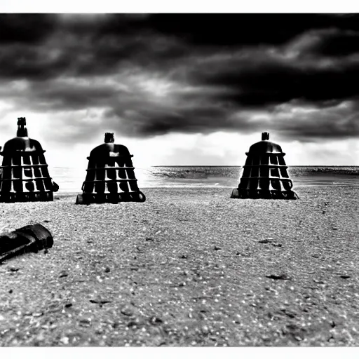 Image similar to Daleks storming Normandy beach, cinematic, dynamic lighting, High contrast, depth of field