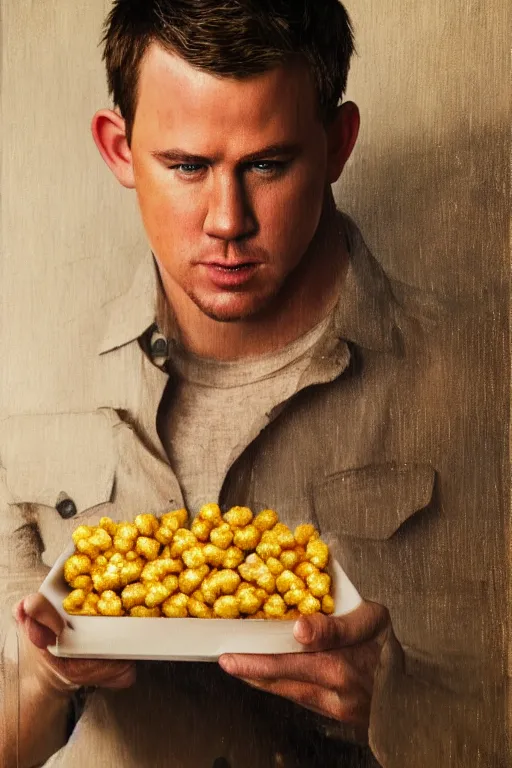 Image similar to a tater tot as channing tatum, oil on canvas, intricate, portrait, 8 k highly professionally detailed, hdr, cgsociety