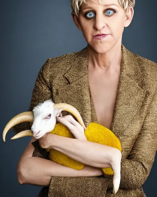 Image similar to headshot of ellen degeneres with yellow goat like eyes, ellen degeneres in highly detailed satyr like makeup by rick baker, studio lighting, 8 k, photo shoot, 9 inch kershaw soft focus lens f / 5. 6