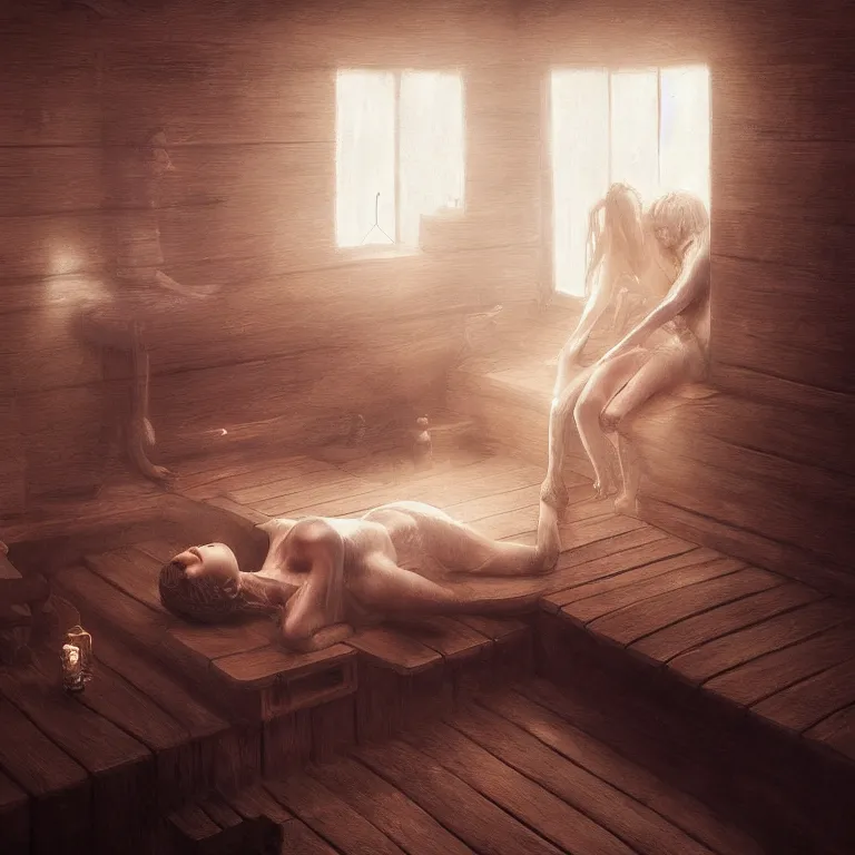Prompt: woman relaxing in sauna, 3 d render, dark art, highly detailed, intricate, artgerm, greg rutkowski