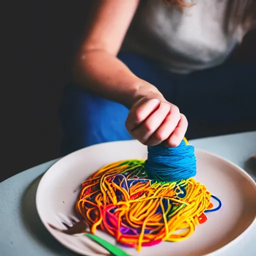 Image similar to photo of person eating a plate of colorful yarn like spaghetti