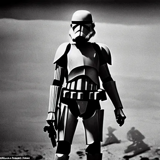 Prompt: falling soldier, republic clone trooper, black - and - white photograph, geonosis, realism, pictorialism, by robert capa, 3 5 mm film, like the moment of death has been frozen forever, groundbreaking photography