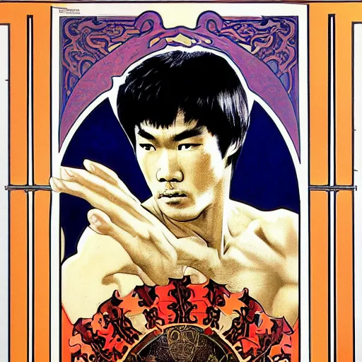 Prompt: Enter The Dragon movie poster by Alphonse Mucha, Art Nouveau, European palette, with Bruce Lee, Yip Man and Bolo, 8 super model with tattoo, in fighter poses, 4K, super detailed