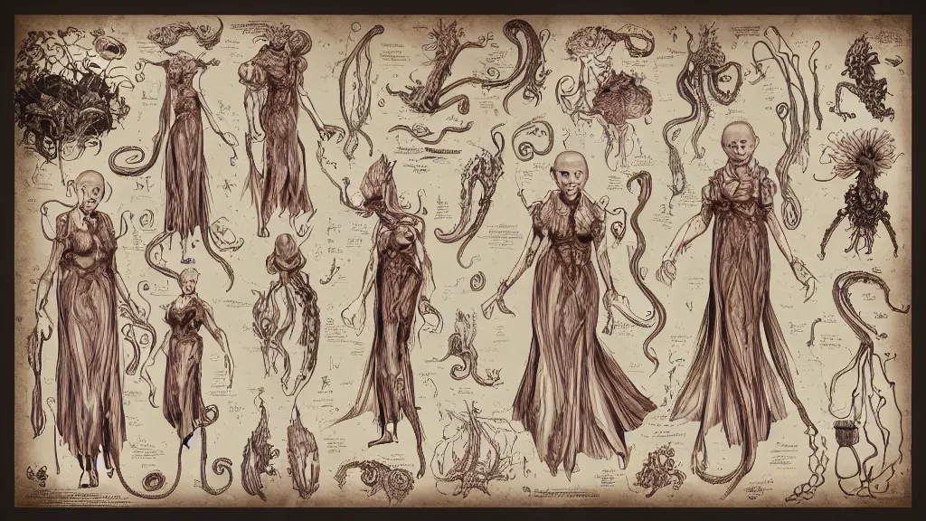 Image similar to aged paper, colorful character sheet for a stocky alien extraterrestrial female servant maid with thick snake - like tentacles instead of hair, long dress with apron, ernst haeckel, coherent, illustration, digital art, trending on artstation, hd, 8 k, good lighting, beautiful, rough paper, masterpiece