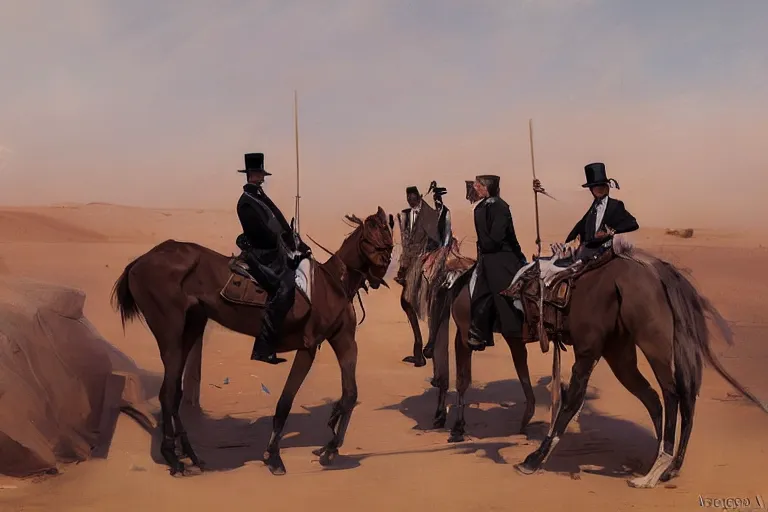 Image similar to portrait of a respectable dignified royal business elite politicians in top hats and coat tails riding on emus in the sahara desert throwing vanilla icecream cones at each other, art by anders zorn, wonderful masterpiece by greg rutkowski, beautiful cinematic light, american romanticism by greg manchess, jessica rossier