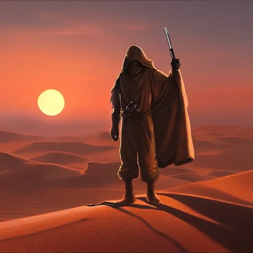 Image similar to a lone tusken raider watching the sunset, by Evgeny Lushpin, luminous lighting, cinematic