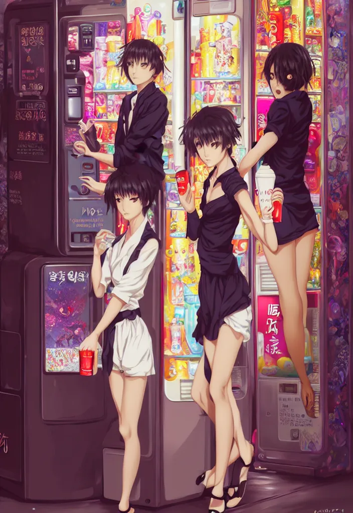 Prompt: two beautiful full body portrait anime females with short hair, fashion model bodies, standing in front of a vending machine in downtown Tokyo, drinking soda, D&D, fantasy, intricate, elegant, highly detailed, digital painting, artstation, concept art, smooth, sharp focus, illustration, art by artgerm and KyuYong Eom and WLOP and Krenz Cushart and greg rutkowski and alphonse mucha