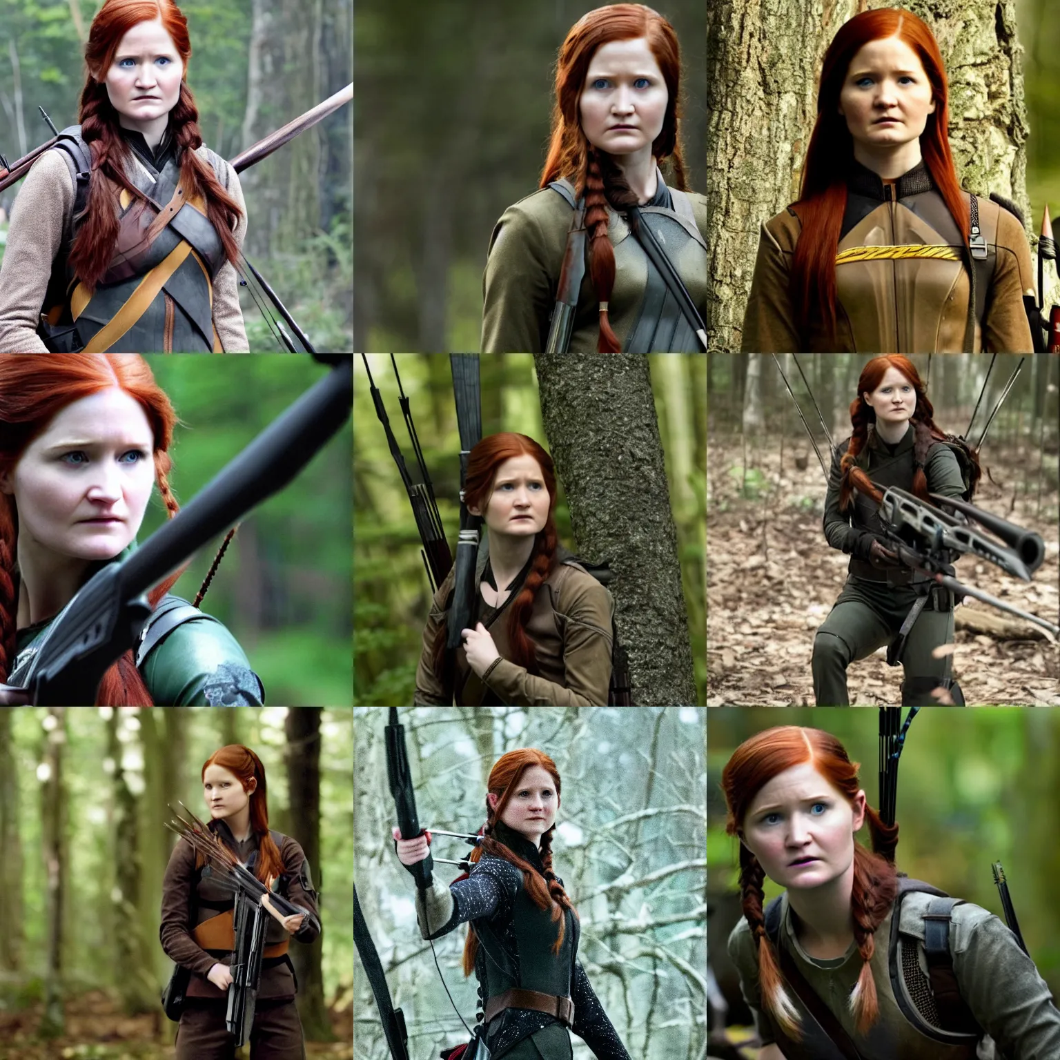 Prompt: Bonnie Wright as Katniss Everdeen, film still from the Hunger Games