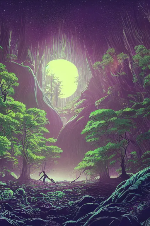 Image similar to concept art painting of an alien world with sentient forests, artgerm, moebius, inio asano, toon shading, cel shading, calm, tranquil, vaporwave colors,