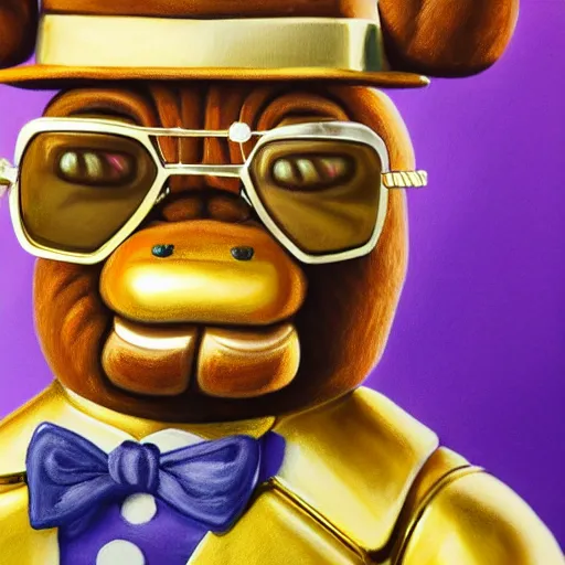 Image similar to a very detailed, 4 k, painting of freddy fazbear wearing shades and a gold chain