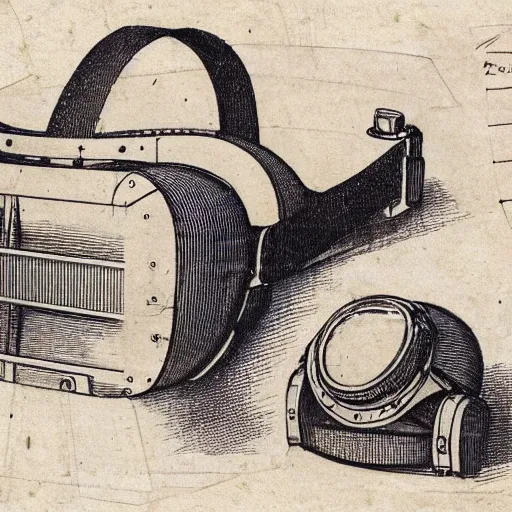 Image similar to Vintage, detailed, sketch of Oculus Rift, with full descriptions, on parchment, as depicted in Leonardo da Vinci's Codex Atlanticus