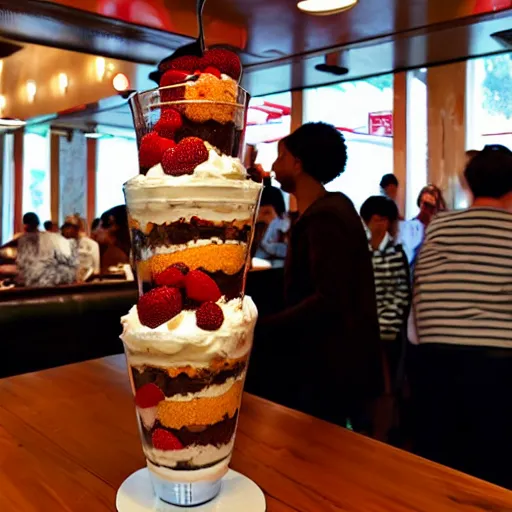 Image similar to 6 ft tall sundae trifle in restaurant, surrounded by customers, flash photography