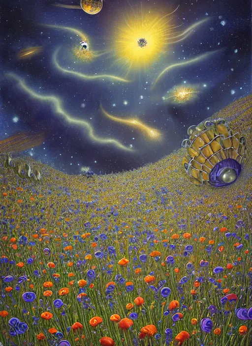 Image similar to detailed, intricate blue black and purple papaverum flower on the field, nebula, galaxy in the sky, winning award masterpiece, fantastically beautiful, illustration, aestheticly inspired, jacek yerka, upscale with anguissola sofonisba work, artstation, 8 k