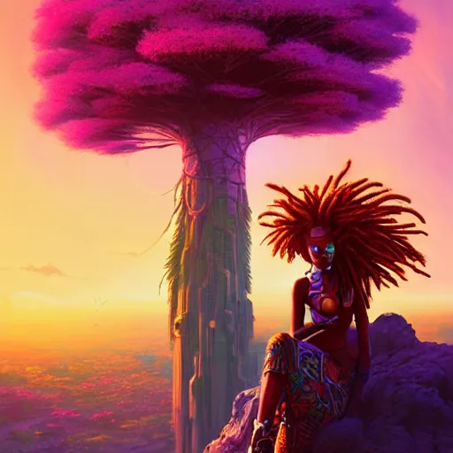 Prompt: an exotic african cyberpunk woman with colorful dreadlocks sitting on a cliff overlooking a field of colorful flowers with a giant glowing baobab tree in the middle, it is sunset, by greg rutkowski and android jones and Alena Aenami in a surreal cyberpunk! style, oil on canvas, 8k hd,