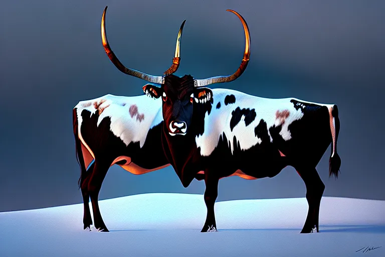 Prompt: an winter painting of a longhorn steer on a high bluff, key visual, concept art, extremely moody lighting, highly detailed, digital painting, artstation, unreal engine