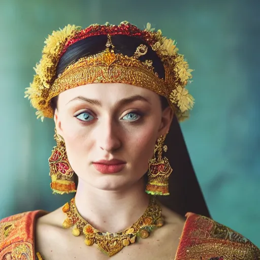 Image similar to 3 5 mm coloured film portrait of sophie turner as javanese bride, hyperrealism, photorealistic, detailed, atmospheric, 8 k, award winning photography, cinematic