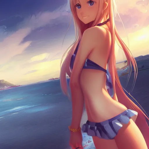 Image similar to bird perspective : a giant macro very beautiful young yuuki asuna, full body, long wavy blond hair, sky blue eyes, full round face,, bikini, miniskirt, stepping on a miniature city, cinematic wallpaper by stanley artgerm lau