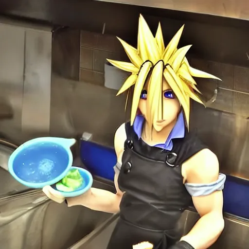 Image similar to cloud strife washing dishes at mcdonald's fast food restaurant in the style of yoshitaka amano