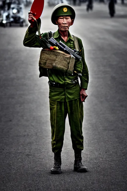 Image similar to vietnam soldier with skateboard, pulitzer award, captured by nikon d 8 5 0, 4 k, full body perfect. by daniel berehulak