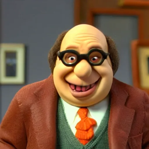 Image similar to a still of Danny Devito in Wallace and Gromit, claymation, photorealistic,