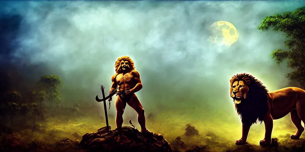 Prompt: lion as barbarian hunter human legs and body and chest armor, full body backlight ,top light ,full body portrait ,highly textured oil painting ,jungle ,cyan graveyard with backlight from the moon ,foggy background ,with dramatic sky ,clouds and giant oversized moon and storm textured oil painting by frazetta