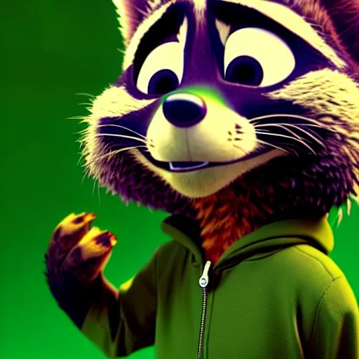 Image similar to a stoner with a black hoodie on with a marijuana themed dark green raccoon head from zootopia, 3 d, blender 3 d, render, extremely detailed, 8 k, has red eyes and a relaxed expression