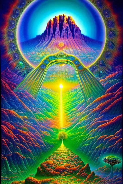 Prompt: a photorealistic detailed image of a beautiful vibrant iridescent future for human evolution in desert lands, spiritual science, divinity, utopian, by david a. hardy, hana yata, kinkade, lisa frank,