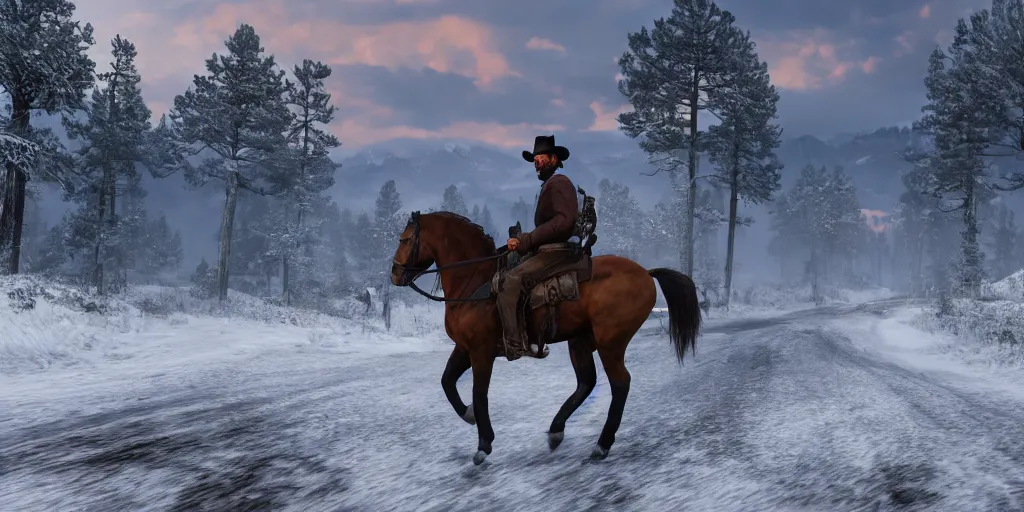 Image similar to still of a man riding a horse into an old west town surrounded by farmland and woods, snow capped mountains in the background, red dead redemption, 4 k, realistic, very beautiful, digital art, elegant, highly detailed