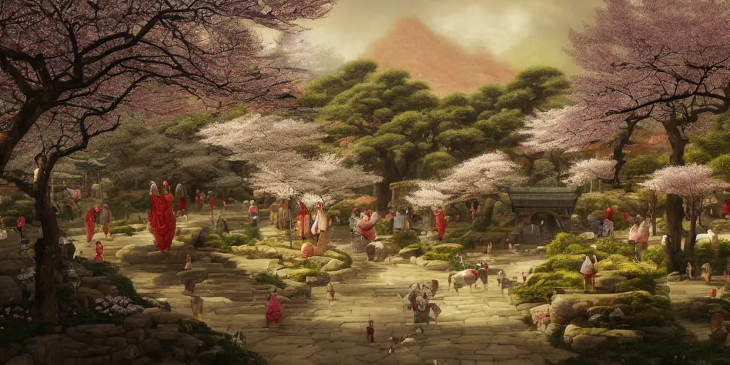 Prompt: a street in a ancient chinese characteristics. it has a high degree of fantasy. cherry blossom forest, there are pavilions in the air, koi jumping in the air, and fairy birds and animals such as cranes and deer coexist with people. it is the life scene of the ancient people, a detailed matte painting by christophe vacher and albert bierstadt