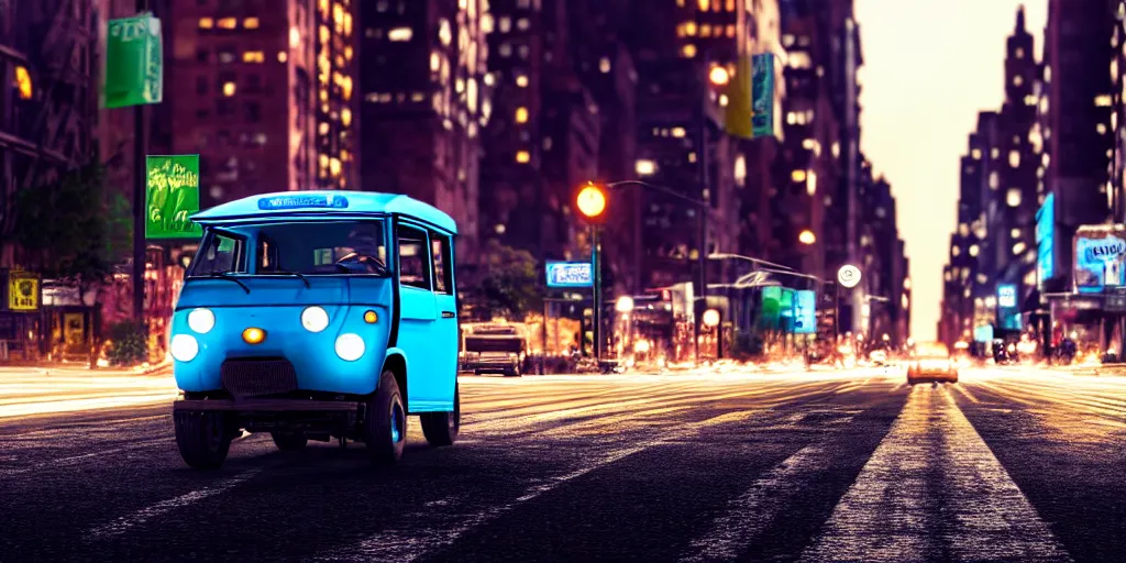 Image similar to an open frame blue tuk tuk going through a desolate manhattan city street at night, statue of liberty seen in the background, realistic 4 k octane beautifully detailed render, 4 k post - processing, highly detailed, detailed face, intricate complexity, epic composition, magical atmosphere, cinematic lighting, masterpiece, color picture, ultra hd