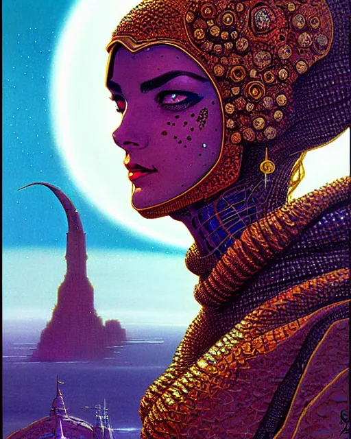 Prompt: arab princess, character portrait, portrait, close up, concept art, intricate details, highly detailed, vintage sci - fi poster, in the style of chris foss, rodger dean, moebius, michael whelan, and gustave dore