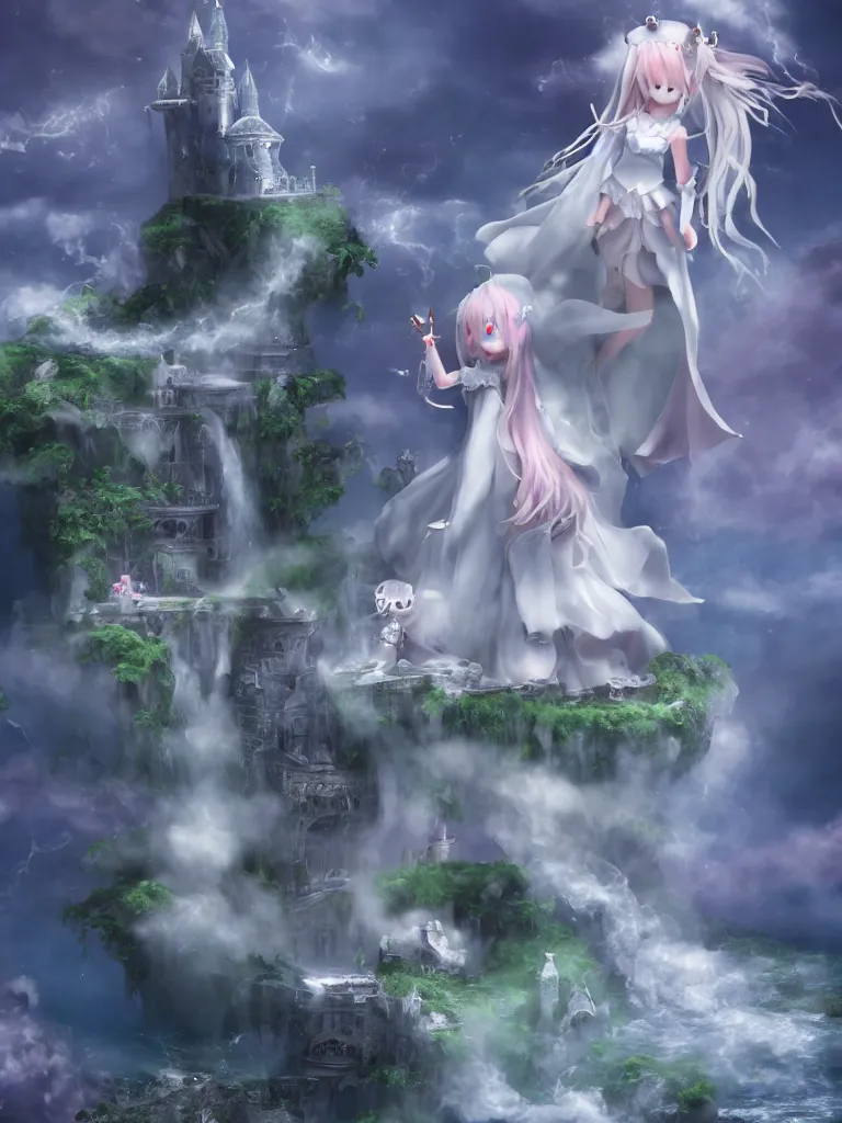 Image similar to cute fumo plush of a princess girl in a tower on a tiny island which she lays sole claim to, selfish empress of the abyss, tempestuous waters and thunderclouds, waterfall, wisps of volumetric smoke and fog, gothic wraith maiden in tattered white dress, floating island, vignette, vray