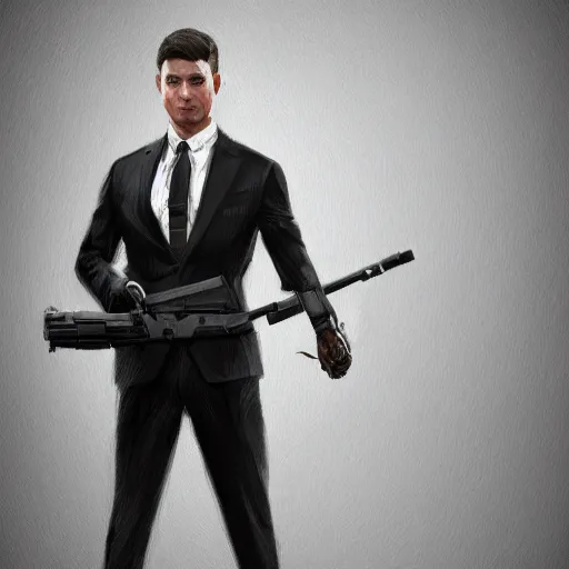 Image similar to portrait of an agent in a suit armed with a kriss vector, D&D, fantasy, elegant, hopeful, muscular, highly detailed, digital painting, artstation, concept art, smooth, sharp focus, illustration