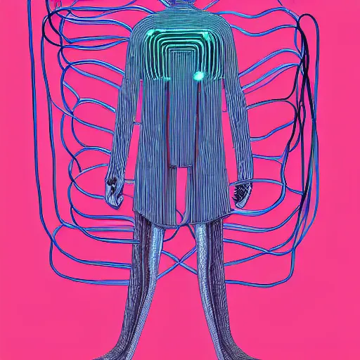 Prompt: illustration of a human form made of pink patch cables, using a large modular synthesizer