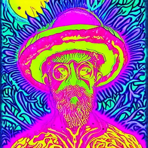 Image similar to Terence McKenna growing is a magic mushroom, blacklight poster