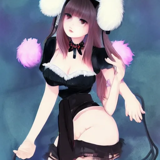 Image similar to realistic beautiful gorgeous buxom natural cute blushed shy girl Blackpink Lalisa Manoban black hair cute fur black cat ears, wearing white camisole, headphones, black leather choker artwork drawn full HD 4K highest quality in artstyle by professional artists WLOP, Taejune Kim, Guweiz, Aztodio on Pixiv Instagram Artstation