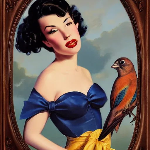 Image similar to portrait of a pinup girl holding an indigo bunting, bird, the bird is wearing a bowtie, by greg rutkowski, rossdraws, gil elvgren, enoch bolles